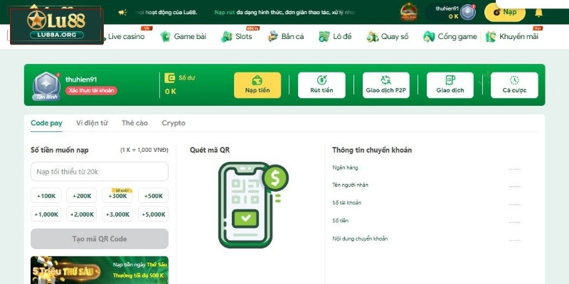 Nạp tiền Lu88 qua Code Pay (Ngân hàng trực tuyến)