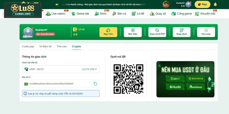 Nạp tiền vào Lu88 qua Crypto