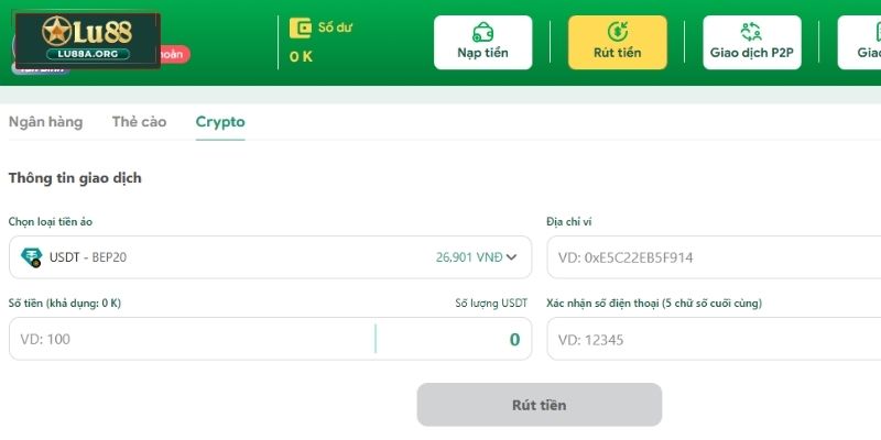 Rút tiền Lu88 bằng Crypto
