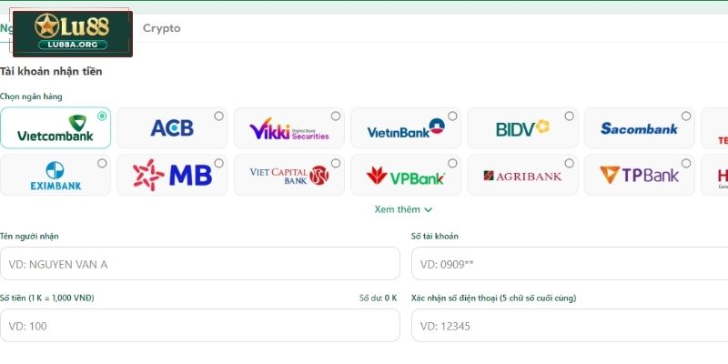 Rút tiền Lu88 qua ngân hàng
