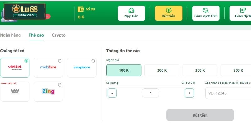 Rút tiền tại Lu88 bằng thẻ cào